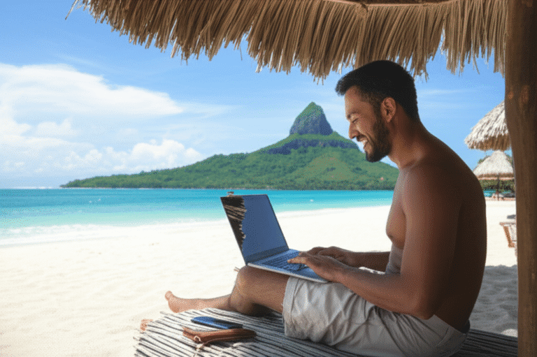 Diversificando Renda Nômade Nômade digital trabalhando em um laptop em uma praia