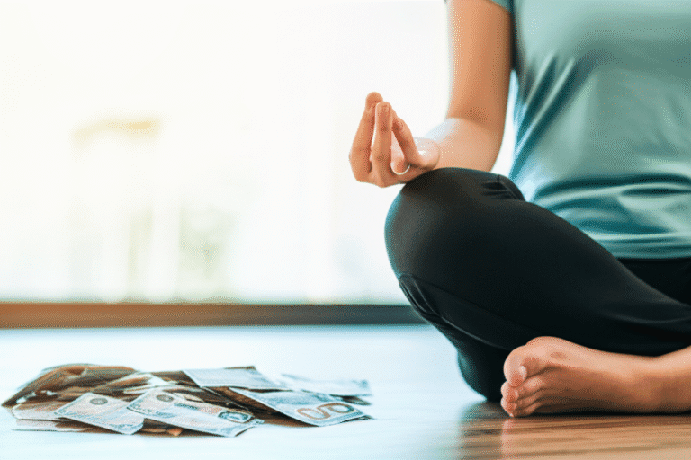 Mindfulness Financeiro Pessoa meditando em um ambiente tranquilo com dinheiro ao lado