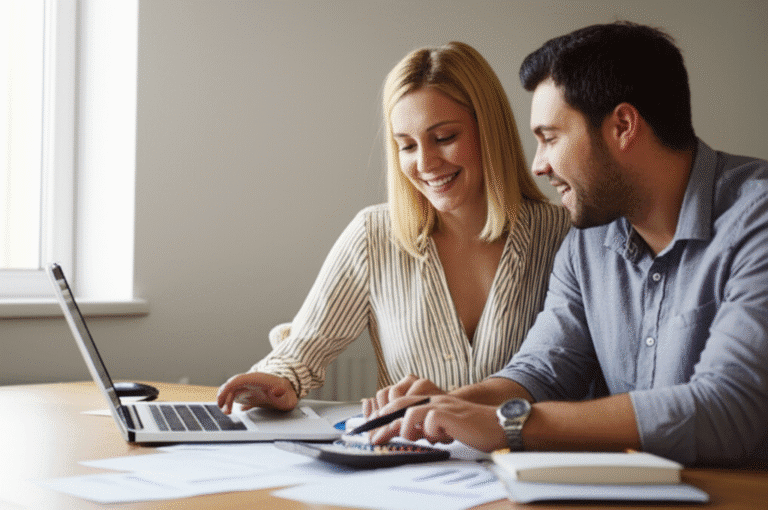 Planejamento Financeiro Familiar Casal planejando orçamento familiar com calculadora