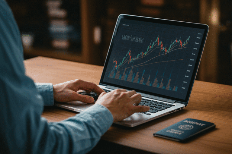 Gerenciando Finanças Nômade Laptop com gráficos financeiros e passaporte ao lado