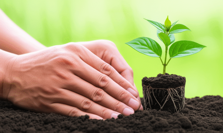 Investimentos Sustentáveis: Plantando o Futuro Mãos plantando muda em solo fértil, representando investimentos sustentáveis