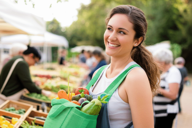 Consumo Consciente: Escolhas Sustentáveis Mulher sorrindo em feira de produtos orgânicos e sustentáveis