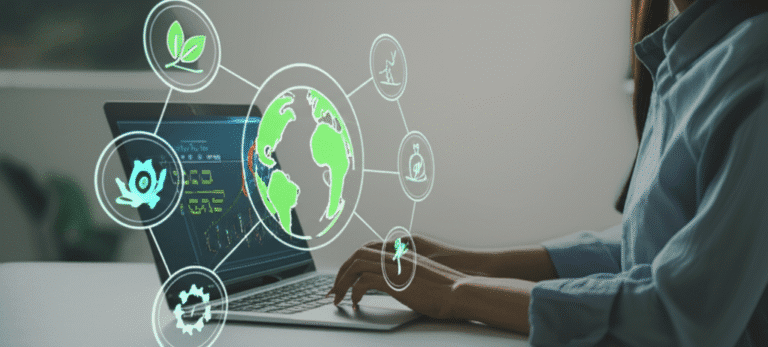 Finanças Pessoais Sustentáveis Pessoa analisando gráfico financeiro com ícones de sustentabilidade