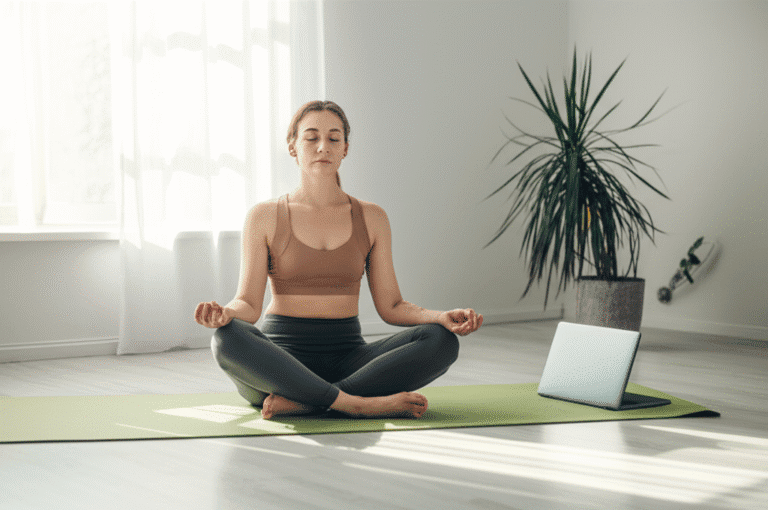 Estratégias para a Saúde Financeira Mulher meditando com um notebook fechado ao lado