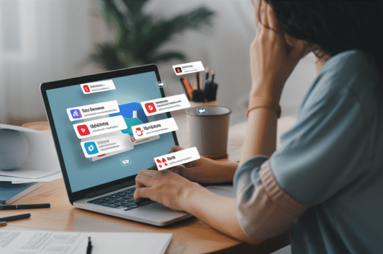 Mão digitando em um laptop com notificações de cobranças de assinatura na tela