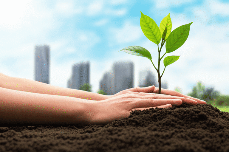 Planejando o Futuro Mãos plantando uma muda de árvore com prédios no fundo representando o futuro