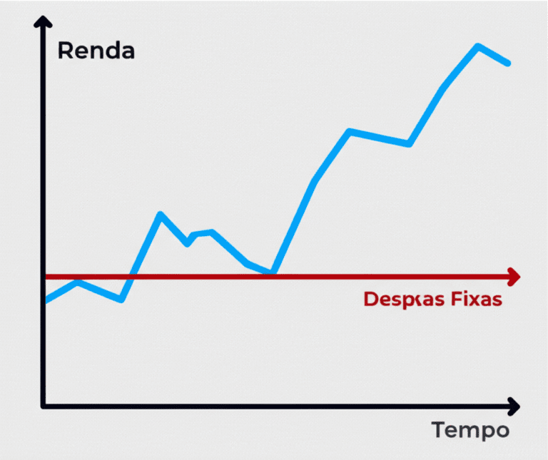 Renda Variável vs. Despesas Fixas Gráfico mostrando a flutuação da renda em contraste com despesas fixas.