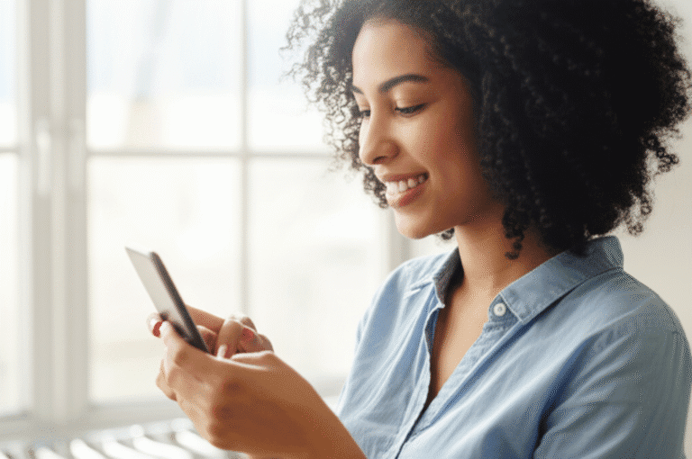 Controle Financeiro Digital Mulher usando um aplicativo de controle financeiro no celular.