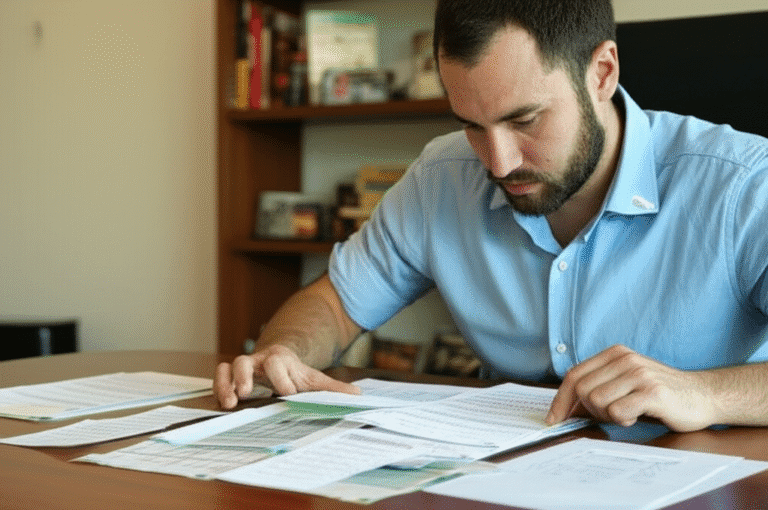 Homem organizando documentos financeiros em uma mesa.