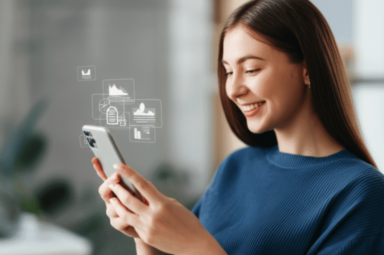Controle Financeiro Digital Mulher usando um aplicativo de orçamento no celular.
