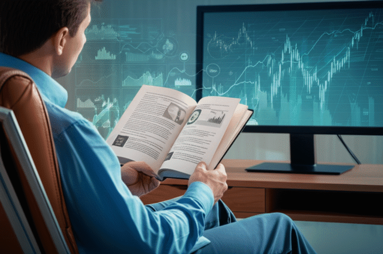 Aprendizado Contínuo em Finanças Pessoa lendo um livro sobre finanças com vários gráficos ao fundo.