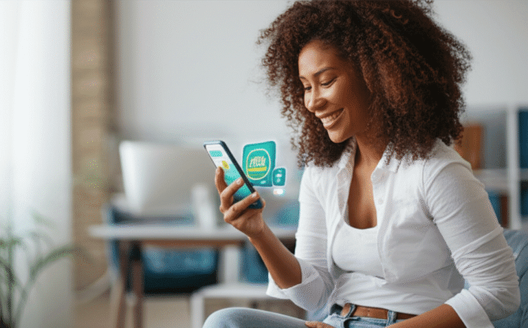 Gestão Financeira Simplificada Mulher sorrindo usando um aplicativo de gestão financeira no celular.