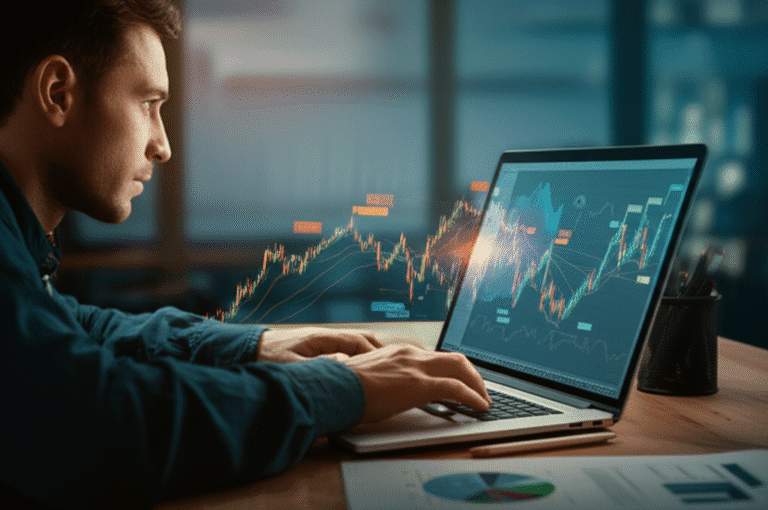 Análise de Gráficos e Estratégias de Investimento Investidor analisando gráficos financeiros em um laptop