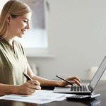 Mulher planejando orçamento financeiro em um notebook