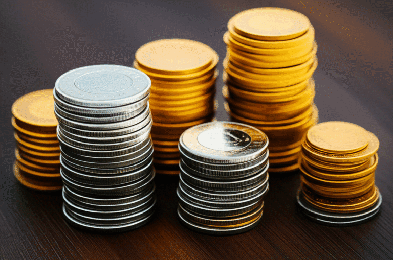 Economia e Investimento Consciente Moedas empilhadas representando economia e investimento.