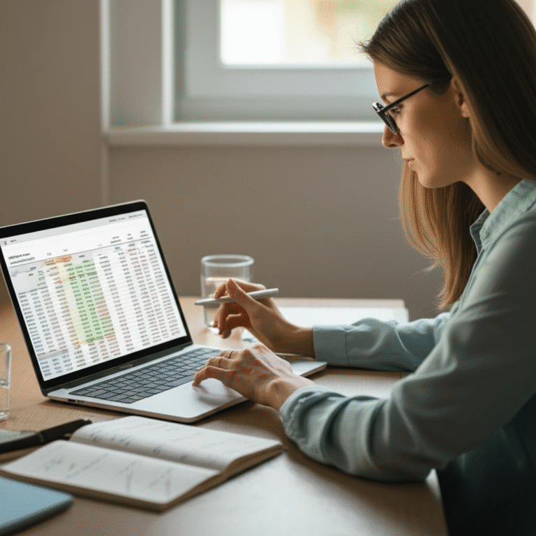 Mulher analisando planilha de orçamento financeiro com expressão concentrada