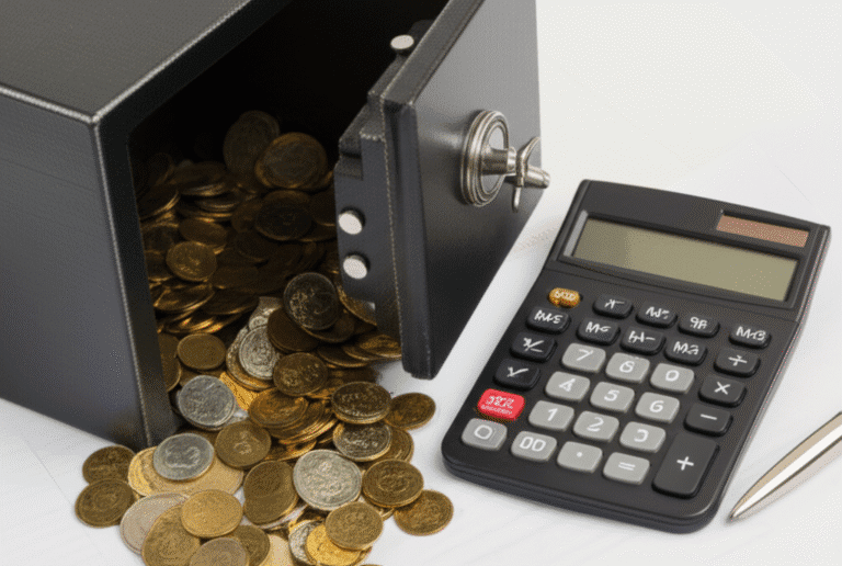 Planejamento Financeiro Inteligente Cofre com moedas e calculadora