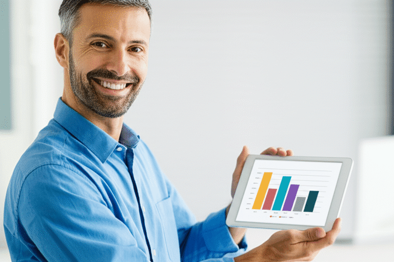 Controle Financeiro Simplificado Homem sorrindo olhando para gráfico de finanças consolidadas