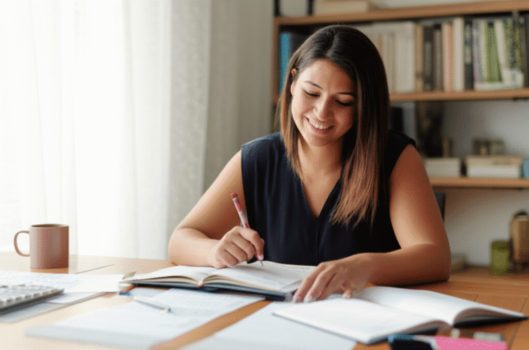 Organização Financeira Pessoal Mulher sorrindo organizando suas contas em casa.