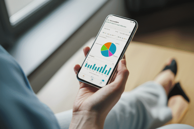 Organização Financeira com Aplicativos Mulher usando um aplicativo de controle financeiro em seu celular.