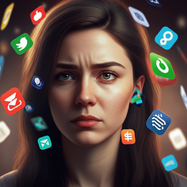 Finanças Fragmentadas Mulher olhando para diversas telas de aplicativos em seu celular, representando finanças fragmentadas.