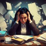 Pessoa estressada olhando para várias planilhas financeiras.