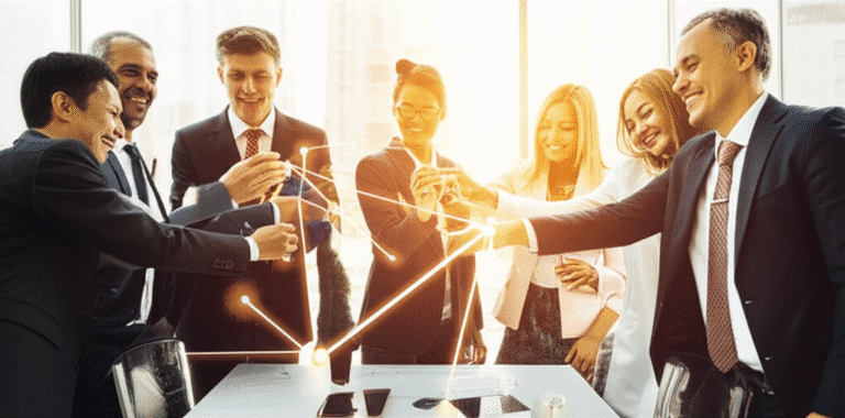 Conexão e Crescimento Financeiro Pessoas conectadas em rede celebrando crescimento financeiro