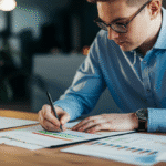 Pessoa analisando uma planilha com riscos financeiros